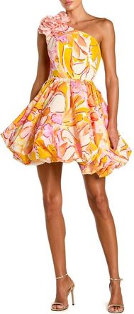 Mac Duggal Floral One Shoulder Bubble Hem Faille Mini Dress in Sunshine Multi at Nordstrom, Size 10