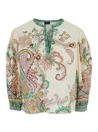Etro Multicolor Blouse With V-Neck And All-Over Floral Print In Cotton Woman