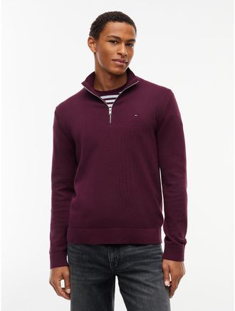 Tommy Hilfiger Mens Tommy Jeans Slim Fit Quarter-Zip Sweater - Calypso Berry - XL