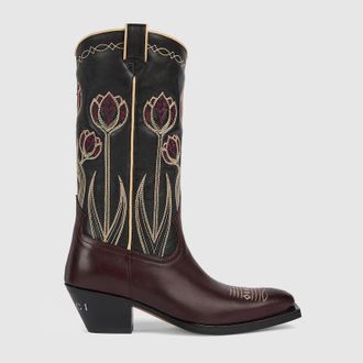 Gucci Womens Boot With Embroidery, Bordeaux, Leather