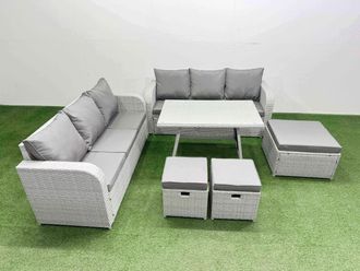 Fimous Rattan High Back Lounge Sofa Set with 3 Seater Sofa 3 Stool in Light Grey