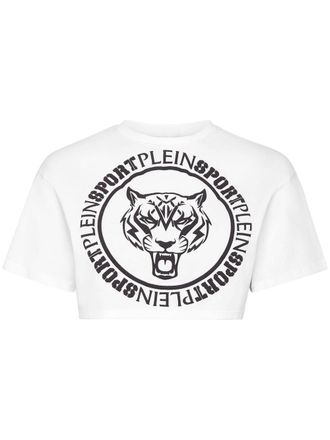 Plein Sport logo-print cropped T-shirt - women - Cotton - L - White
