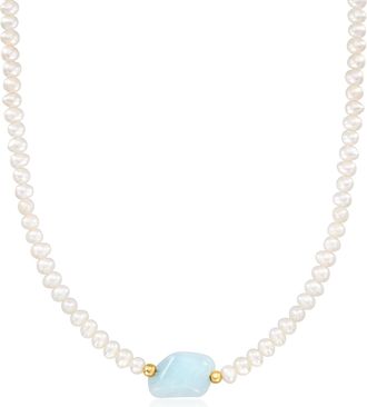 Ross-Simons 4-5mm Cultured Pearl and Milky Aquamarine Necklace With 18kt Gold Over Sterling