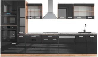 Vicco Cucina componibile R-Line, Antracite lucido/oro power oak, 350 cm con armadio alto, pl Marmo