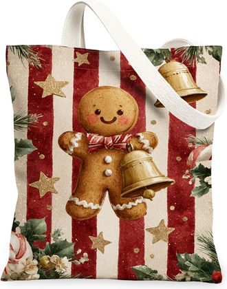 Generic Gingerbread Canvas Tote Bags, Holiday Themed Lightweight Washable Grocery Bags, Vintage Festive Design Reusable Shopping for Christmas Outdoor Travel 