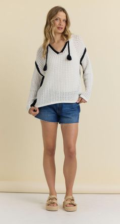 Vintage Havana Crochet Hoodie With Trim In Ivory