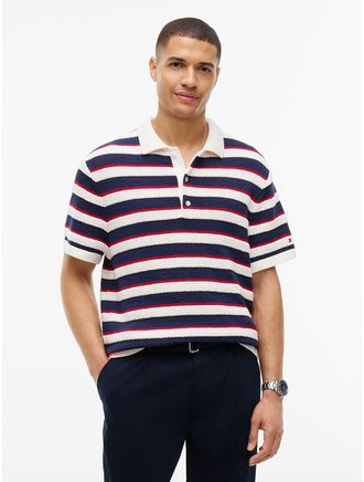 Tommy Hilfiger Mens Short-Sleeve Striped Sweater Polo - Ivory Petal - XL
