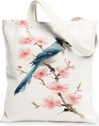 Generic Elegant Floral Canvas Tote Bag, Vintage Bird Blossom Pattern Reusable Grocery Bags, Lightweight Washable Shoulder Strap Can, White, 13x15 Inch