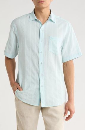Tommy Bahama Nova Wave Short Sleeve Seersucker Button-Up Shirt in Dusty Aqua at Nordstrom, Size Xx-Large