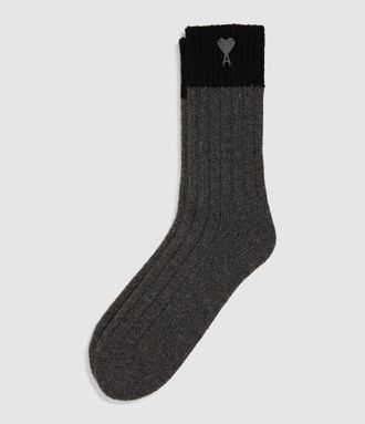 Ami Chaussettes Wool With Ami De Coeur Gris Carbone Noir