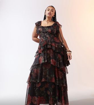 Asos Curve ASOS DESIGN Curve bardot maxi dress with tiered skirt and lace trim in floral print-Multi