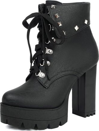 Generic Womens Fashion Rivets Fold Over Ankle Boots Platform Lace Up Round Toe Block Heels Punk Goth Shoes (Black,7.5)