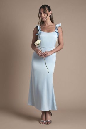 Oasis Womens Ruffle Square Neck Satin Bridesmaid Midi Dress - Light Blue - Size 18 UK