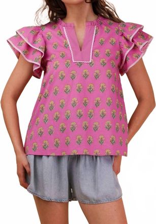 Very J Ruffle Sleeve Printed Woven Blouse Top In Pink Mix