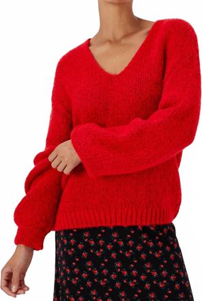 French Connection Fluffy Knit V Neck Sweater In Red