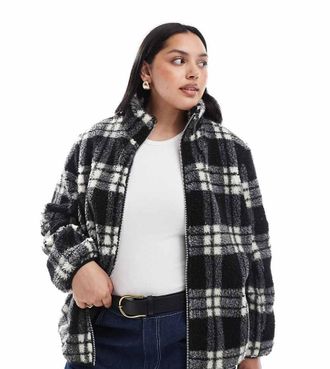 New Look Plus New Look Curve - Giacca nera in pile borg a quadri-Nero