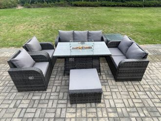 Fimous PE Wicker Outdoor Rattan Garden Furniture Set Propane Gas Fire Pit Table & Sofa Chair set with Side Table Big Footstool in Dark Grey