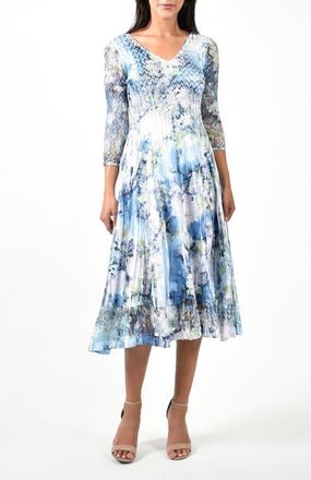 Komarov Blue Watercolor Print Charmuese 3/4 Sleeve Dress in Luminaria at Nordstrom, Size X-Small