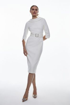 Karen Millen Crepe Roll Neck Pencil Midi Dress in Ivory at Nordstrom, Size 4