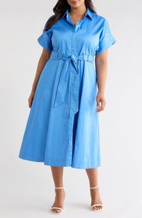 Anne Klein Grommet Detail Belted Stretch Cotton Shirtdress in Seaport at Nordstrom, Size 14 W
