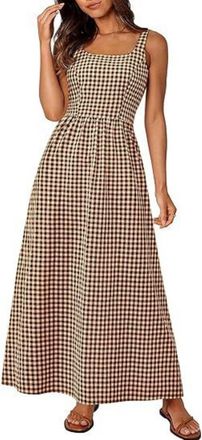 Generic Womens Pure Cotton Plaid Maxi Tank Dress,Square Neck Smocked Back Aline Flowy Sundress Casual Boho Gingham Beach Dress (Khaki,XL)