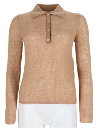 Aspesi Beige Cropped Ribbed Knit Wool-Blend Polo Sweater