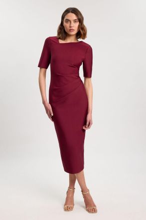 Karen Millen Womens Petite Bandage Asymmetric Long Sleeve Midi Dress - Burgundy - Size 12 UK