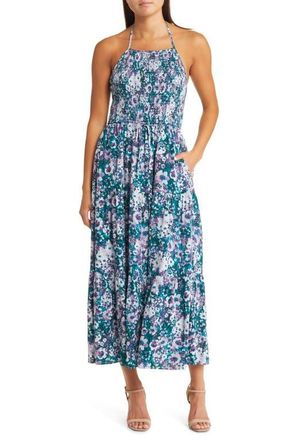 Lost + Wander First Kiss Floral Smocked Bodice Midi Sundress in Teal Floral at Nordstrom, Size Medium