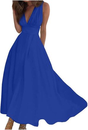 Generic Dress O Womens Summer Dresses 2024, Spring and Summer, Elegant Wrap Dress with V-Neck, Sleeveless Maxi Dress, Trendy Floral Print, Flowing Beach Dress