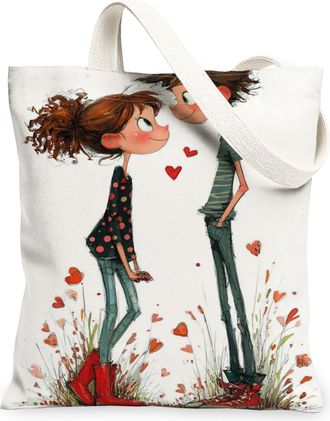 Generic Heart Pattern Canvas Tote Bags, Cute Couple Design Reusable Grocery Bags, Lightweight Washable Shoulder Strap Canvas for Sh, White, 13x15 Inch