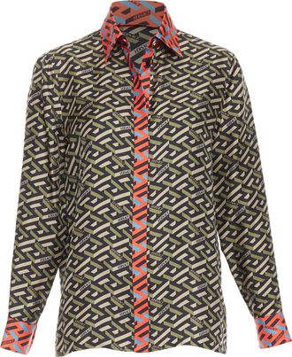 Versace La Greca 100% silk green red geometric print logo shirt IT36 XXS