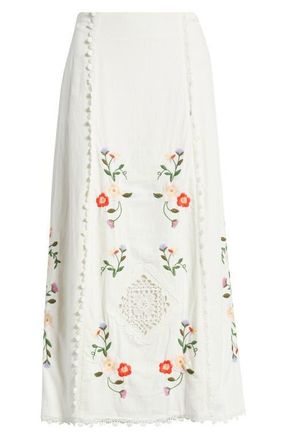 Treasure & Bond Embroidered Cotton Eyelet Midi Skirt in Ivory Multi Embroidery at Nordstrom, Size Xx-Small