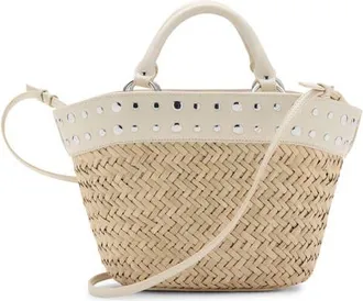 Mango Studded Raffia Bucket Bag in Off White at Nordstrom
