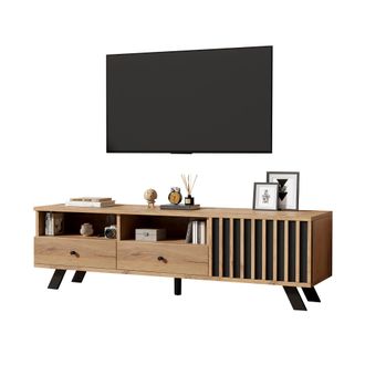 STILVORA Mueble Tv Con 2 Cajones, 1 Puerta Y 2 Huecos, Para Salon, En Tablero De Particulas, 150&times;38&times;44 Cm, Madera Natural Y Negro