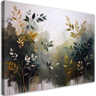 Feeby Cuadro En Lienzo, Hojas Abstractas Ramitas Verde Dorado, 100x70