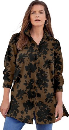 Roaman's Kate Long-Sleeve Crisp Cotton-Blend Button-Front Tunic in Brown Black Silhouette at Nordstrom, Size 42