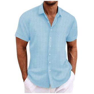 Generic Mens Short Sleeve Shirt Stretch Stain Shield Plain Shirts Regular Fit Business Blouse Casual Smart Button Down T-Shirt,Blue,M