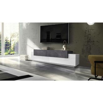 Dmora Dmora - Mueble De Televisi&oacute;n Dmirand, Aparador Bajo Para Sal&oacute;n, Base Soporte Tv, 100% Made In Italy, Cm 200x45h52, Blanco Brillo Y Pizarra