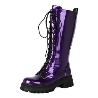 Generic Womens Combat Riding Platform Knee High Boots Lace Up Classic Lug Sole Gothic Motorcycle Shoes (7,Purple)