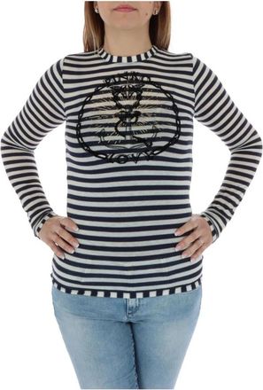 Pinko Blauw Gestreept Breigoed met Ronde Hals - Dames - Longsleeves - Blauw - M - Polyester - Tops