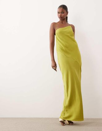 Asos Vestito lungo con spalline sottili in raso ibrido color chartreuse-Arancione