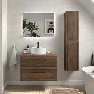 Cygnus Bath Mueble De Ba&ntilde;o Runa 80cm Nogal 2 Cajones Lavabo Sobre Encimera 1 Poza Porcelana