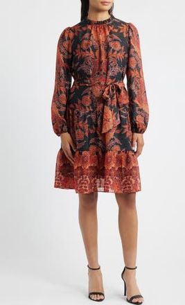 Julia Jordan Metallic Paisley Ruffle Long Sleeve Dress in Black Multi at Nordstrom Rack, Size 14