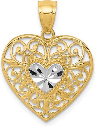 Diamond2Deal 14k Yellow Gold and White Rhodium Diamond-cut Filigree Heart Pendant
