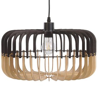 Beliani L&aacute;mpara Colgante En Color Madera Clara Tablero De Mdf Negro Metal Con Pantalla En Forma De Tambor Sous