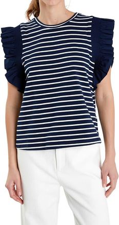 English Factory Stripe Flutter Sleeve T-Shirt in Navy/White at Nordstrom Rack, Size X-Small