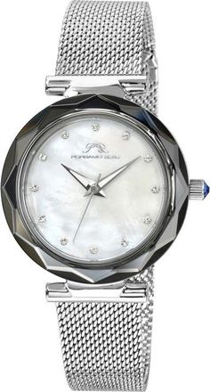 Porsamo Bleu Hazel White Topaz Mother of Pearl Dial 3-Hand Quartz Mesh Strap Watch, 33mm in Silver at Nordstrom