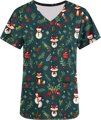 Generic Christmas Jumpers for Women V Neck Short Sleeve Uniform Tops Funny Christmas Tree Print Tunic Tops Womens Plus Size Jumpers Xmas Soft Comfort Workwear