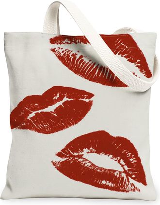 Generic Kiss Print Canvas Tote Bag, Stylish Lip Pattern Reusable Grocery Bags, Lightweight Washable Shoulder Strap Canvas Bags for, White, 13x15 Inch