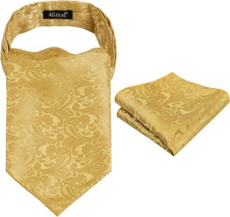Alizeal Mens Modern Paisley Cravat & Pocket Square Set, Golden Olive